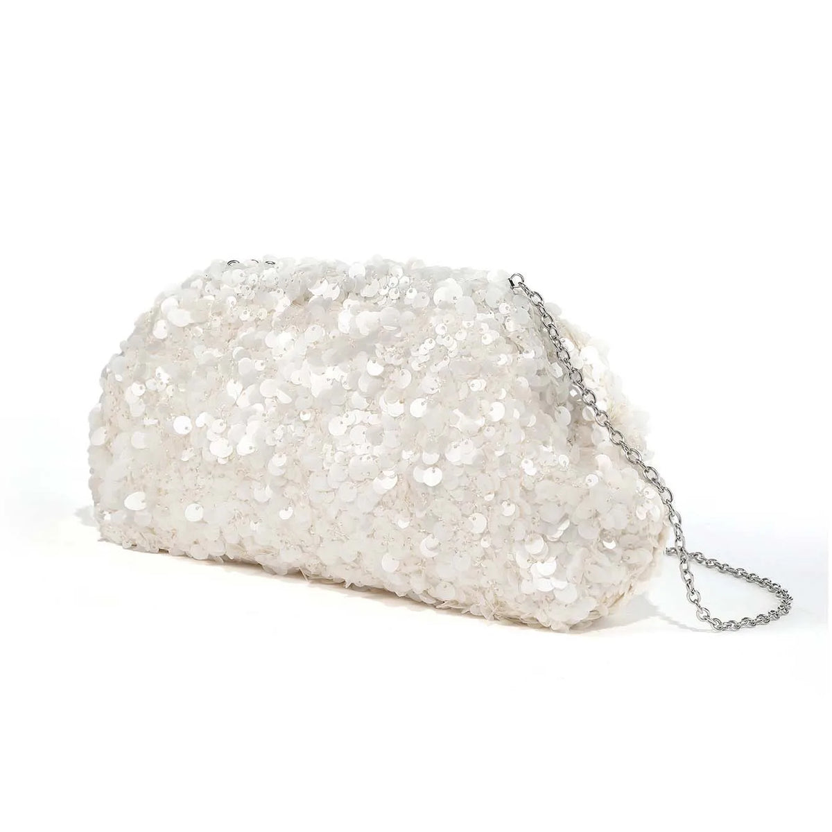 A white sequin beaded chain shoulder clutch bag lying on a white background.
