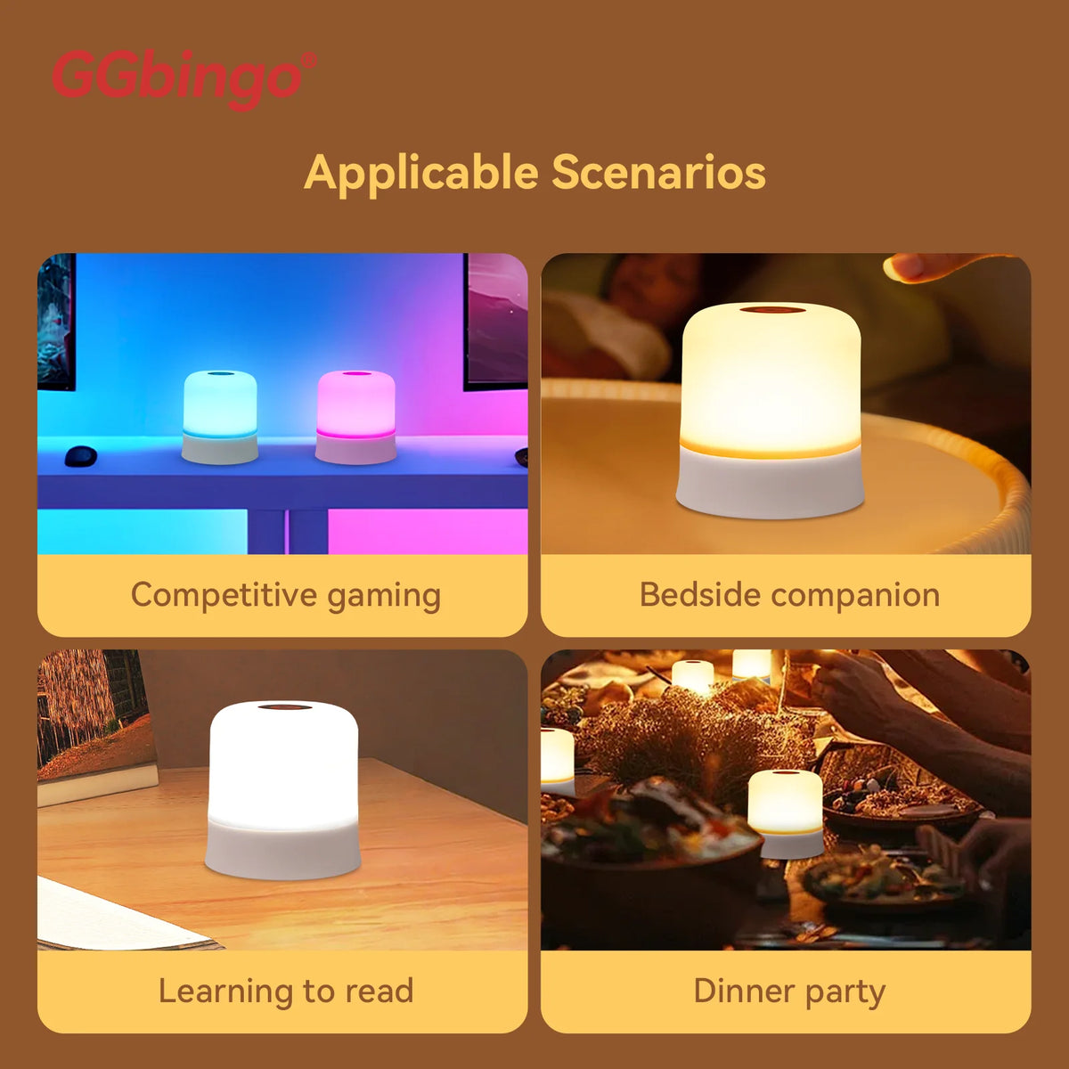 A collection of rechargeable touch and remote control RGB night lights shown in various contexts like gaming, bedside use, re