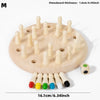 A wooden chessboard with chess pieces and a set of colored wooden pieces for a memory game.