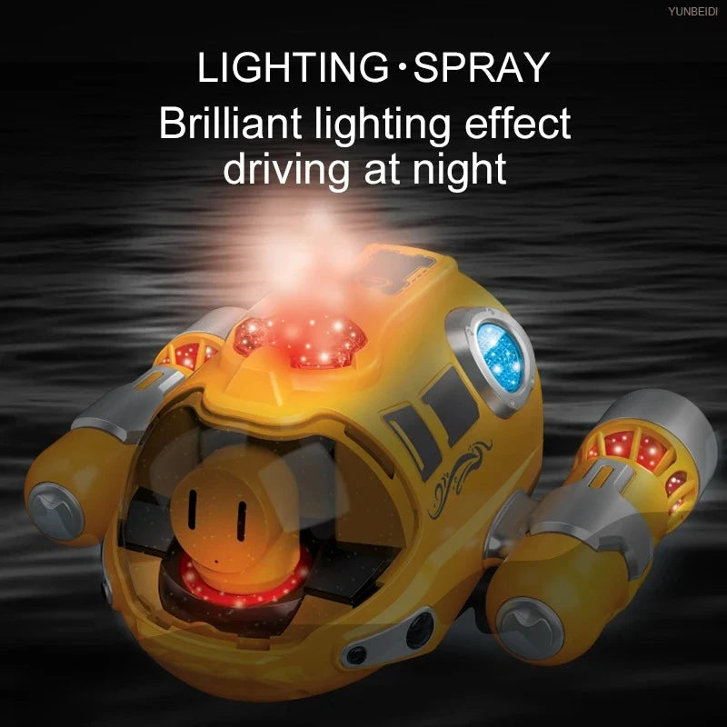 A yellow remote control spray boat with bright LED lights is shown against a dark background.
