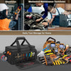 A heavy duty tool bag with a non-slip base and multipurpose organization showing various tools like screwdrivers and pliers.