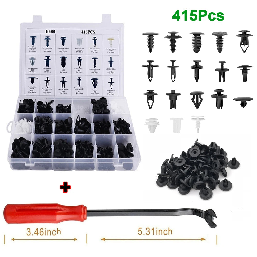 A set of 415 plastic fasteners and an installation tool for car bumper and trim work
