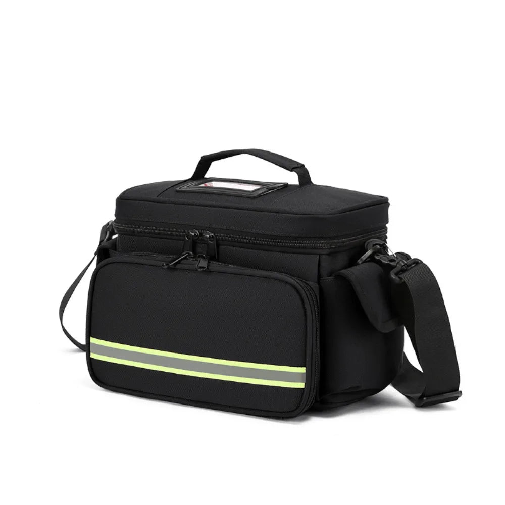 Black waterproof double-layer trauma and first aid bag with a reflective stripe on the front