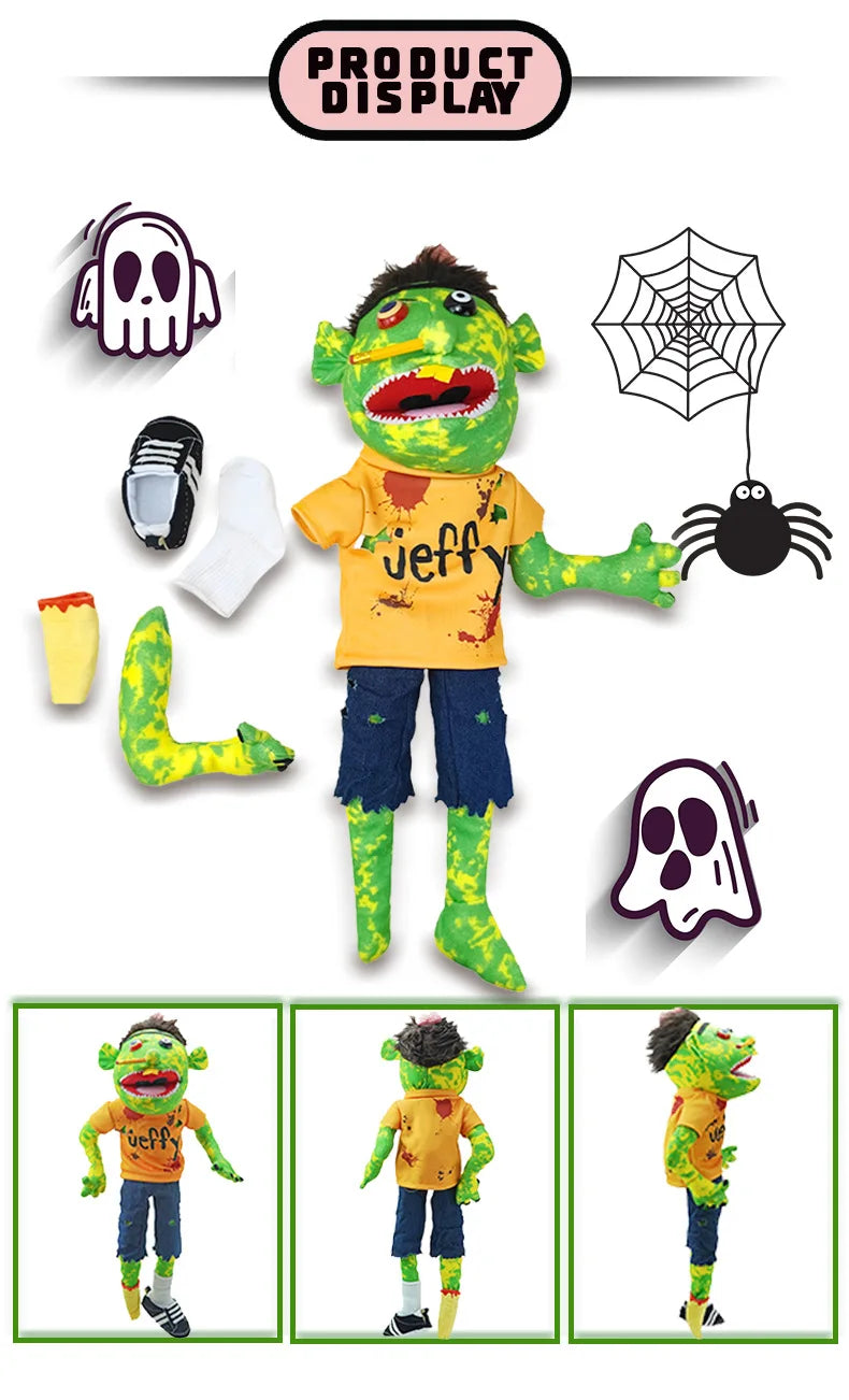 A plush collectible toy of Jeffy in a zombie theme, featuring green skin and yellow clothing.