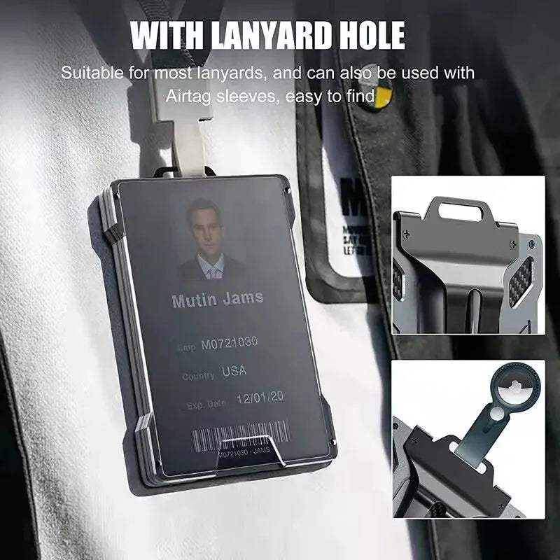 A slim aluminum money clip wallet with a lanyard hole attached to a jacket sleeve.
