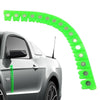 A bright green magnetic dry grinding protective strip is shown curved over a silver car body.