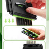 A hand is shown using a black guitar fretboard cleaning kit with a green microfiber cloth to clean the strings.