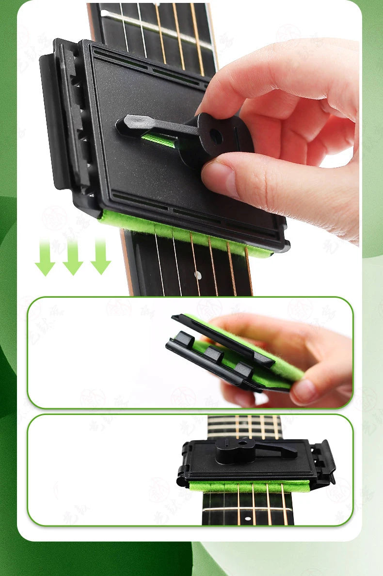 A hand is shown using a black guitar fretboard cleaning kit with a green microfiber cloth to clean the strings.