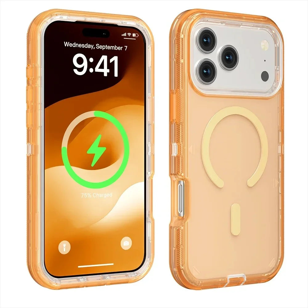 A clear orange silicone phone case with a magnetic bumper and kickstand shown next to the phone.