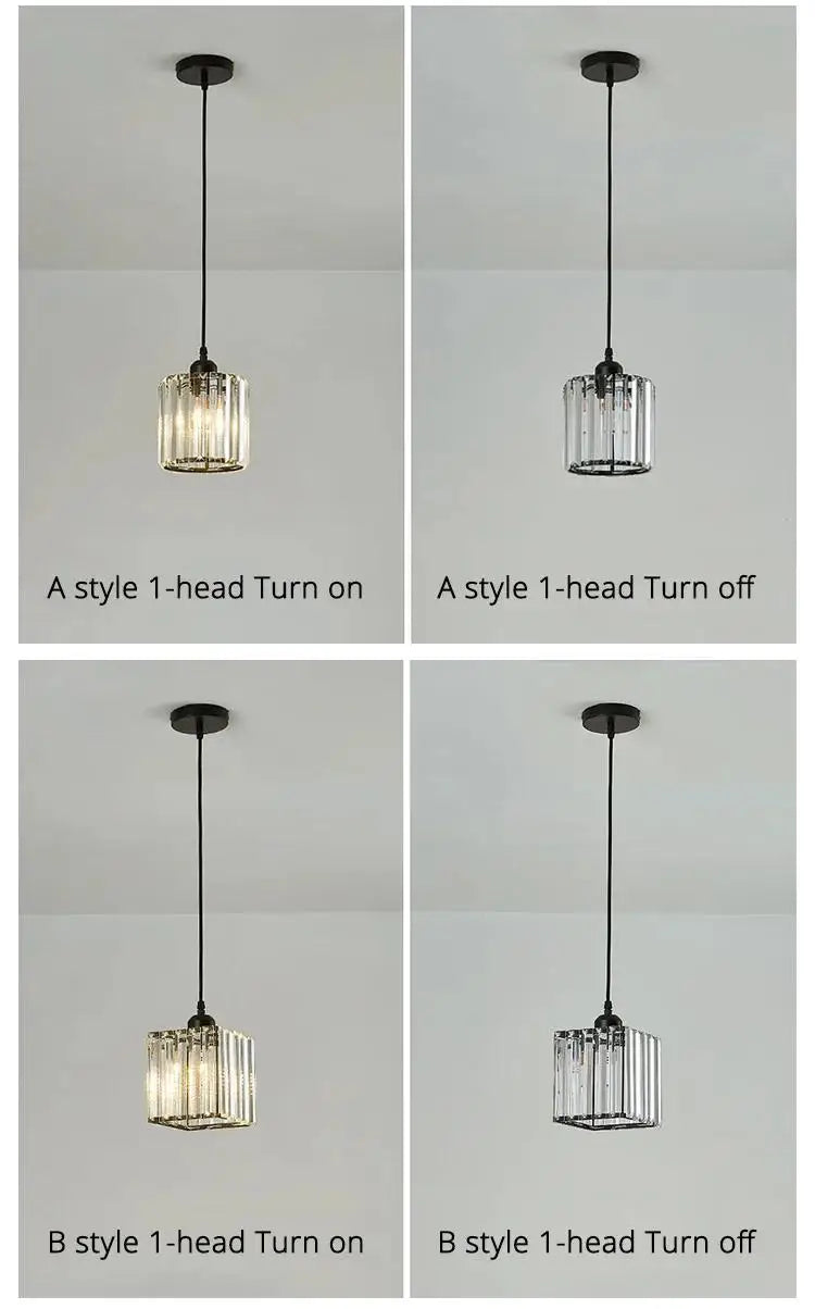 A crystal pendant light fixture shown in two styles, demonstrating the on and off switch functionality.