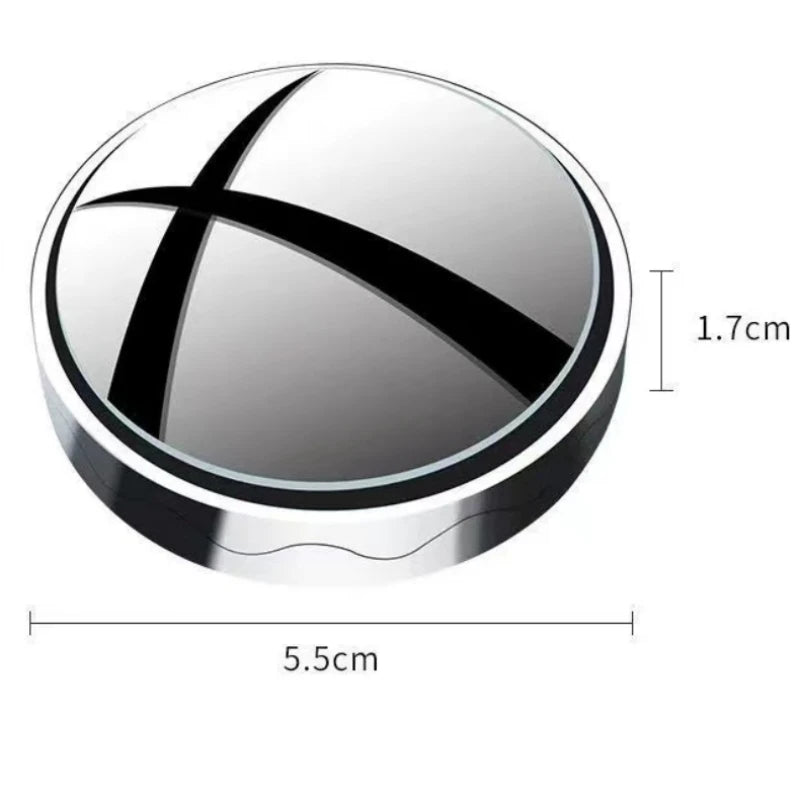 A round, silver blind spot mirror with a black 'X' design and dimensions shown.