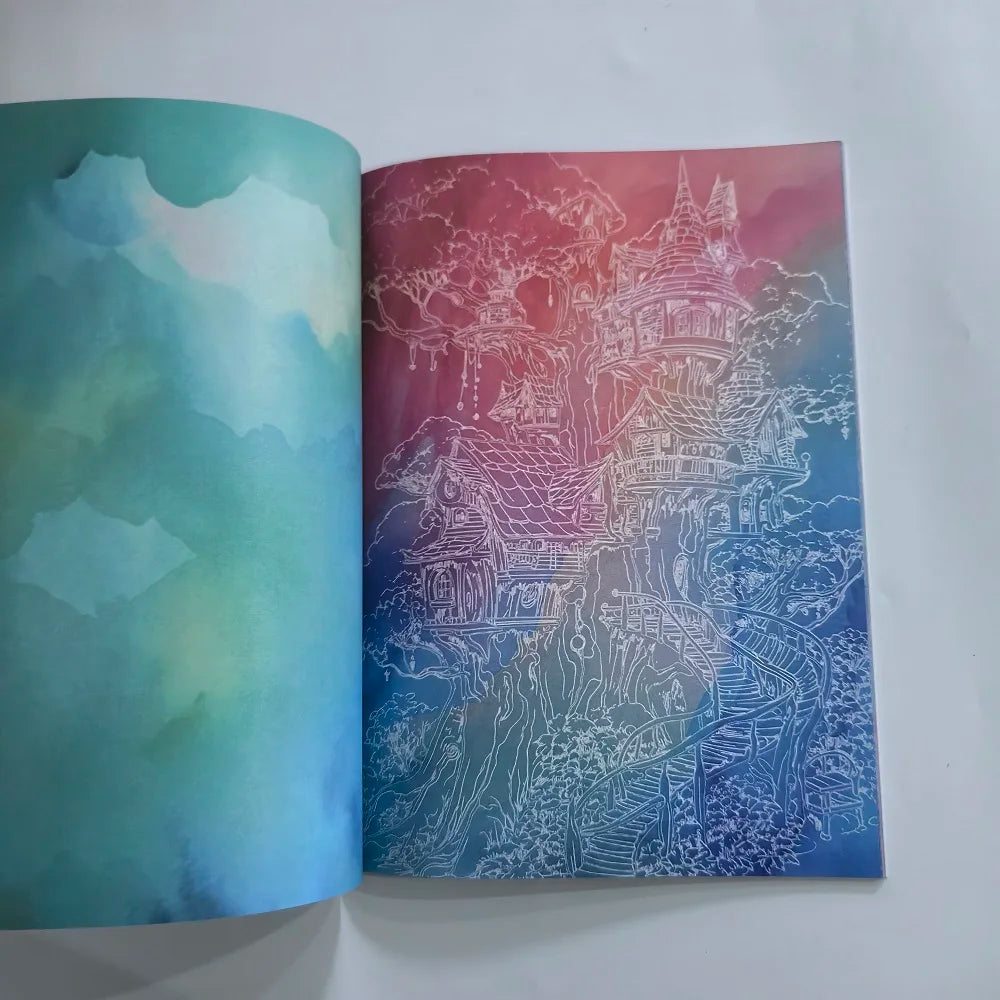 Feuille d'un livre de coloriage à l'encre avec des illustrations stylisées de villes et paysages cachés en ombrage