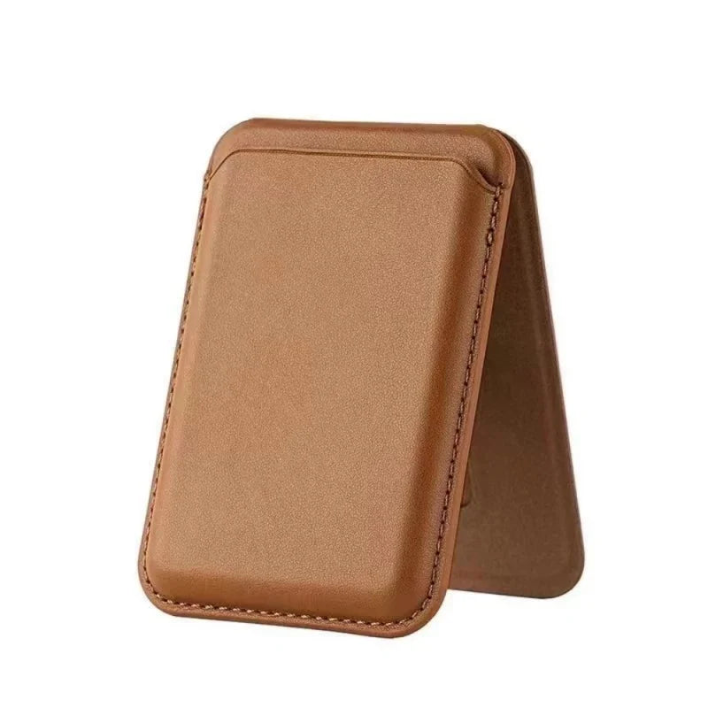 A brown magnetic leather wallet case with a kickstand for an iPhone, shown from the side.