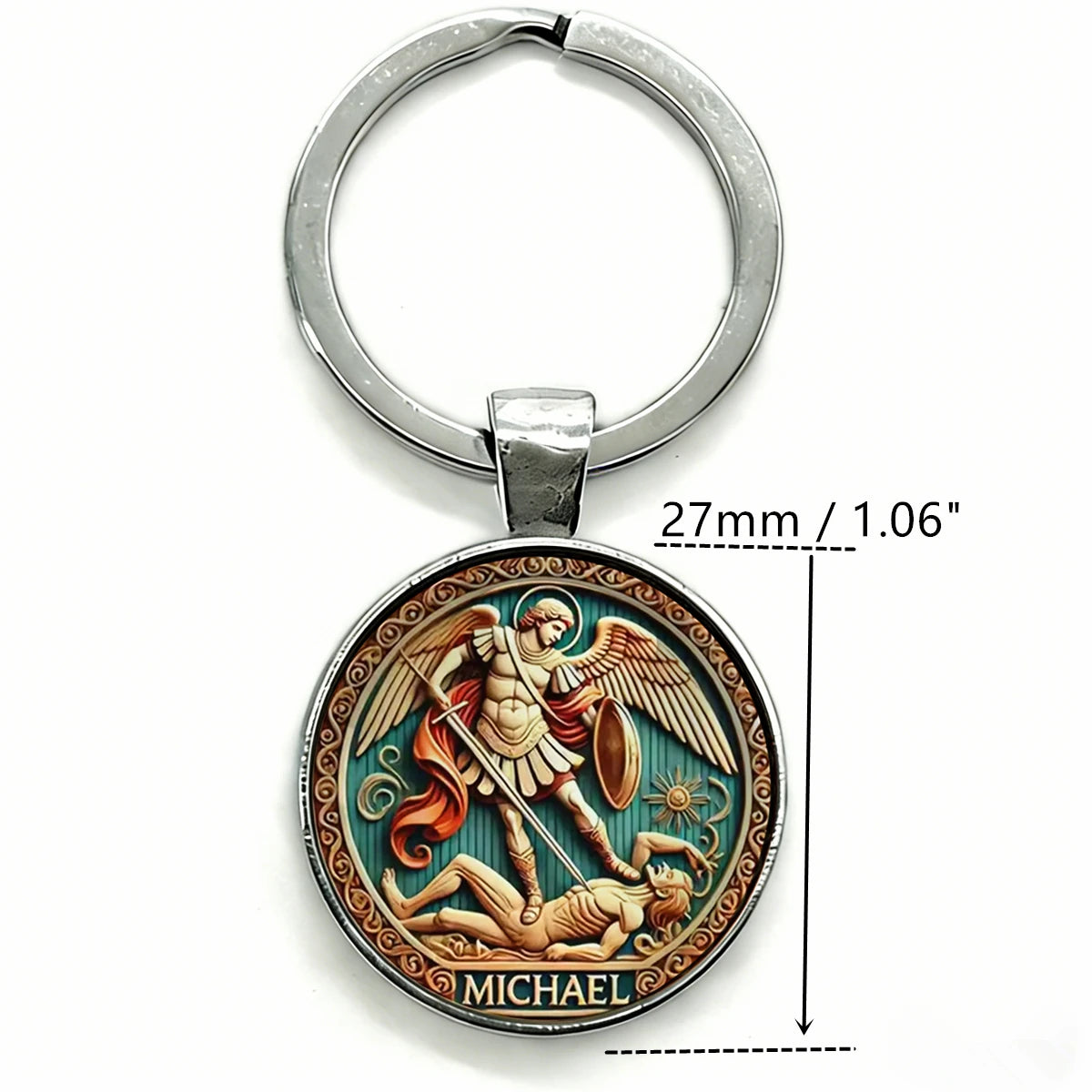 Silver key chain featuring an engraved design of the Saint Michael Archangel