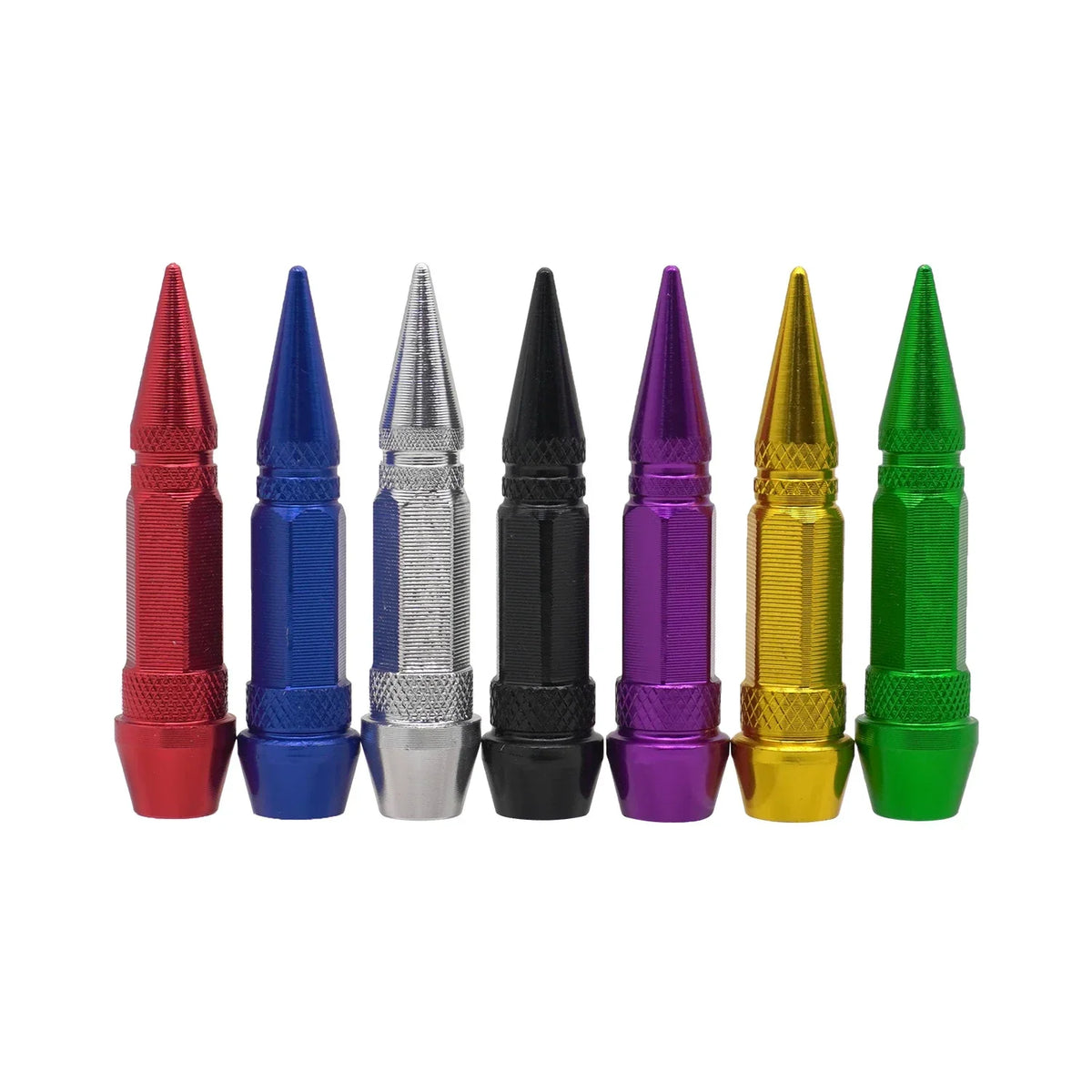 A row of universal bullet head screws in various colors including red, blue, silver, black, purple, gold, and green.