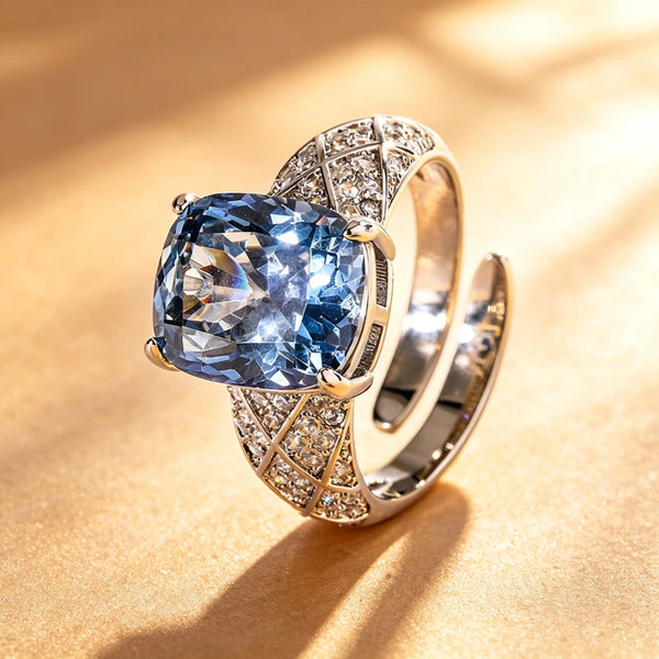 Adjustable Silver-Plated Cushion-Cut CZ Statement Ring