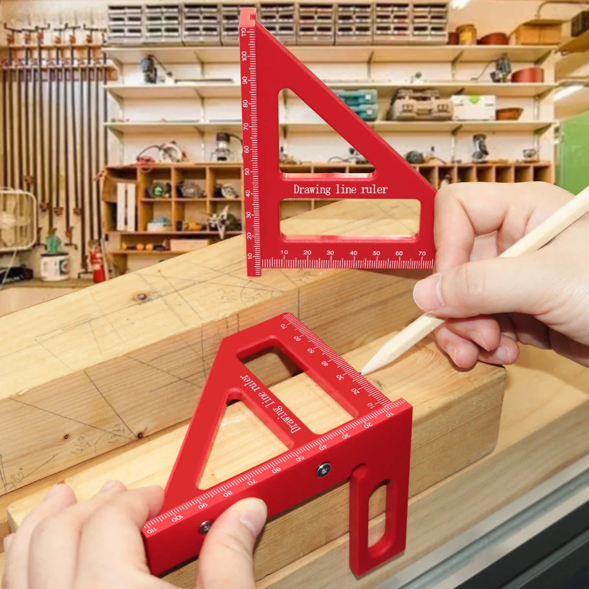 A hand holds a red multi-angle drawing line ruler used for woodworking and DIY projects.