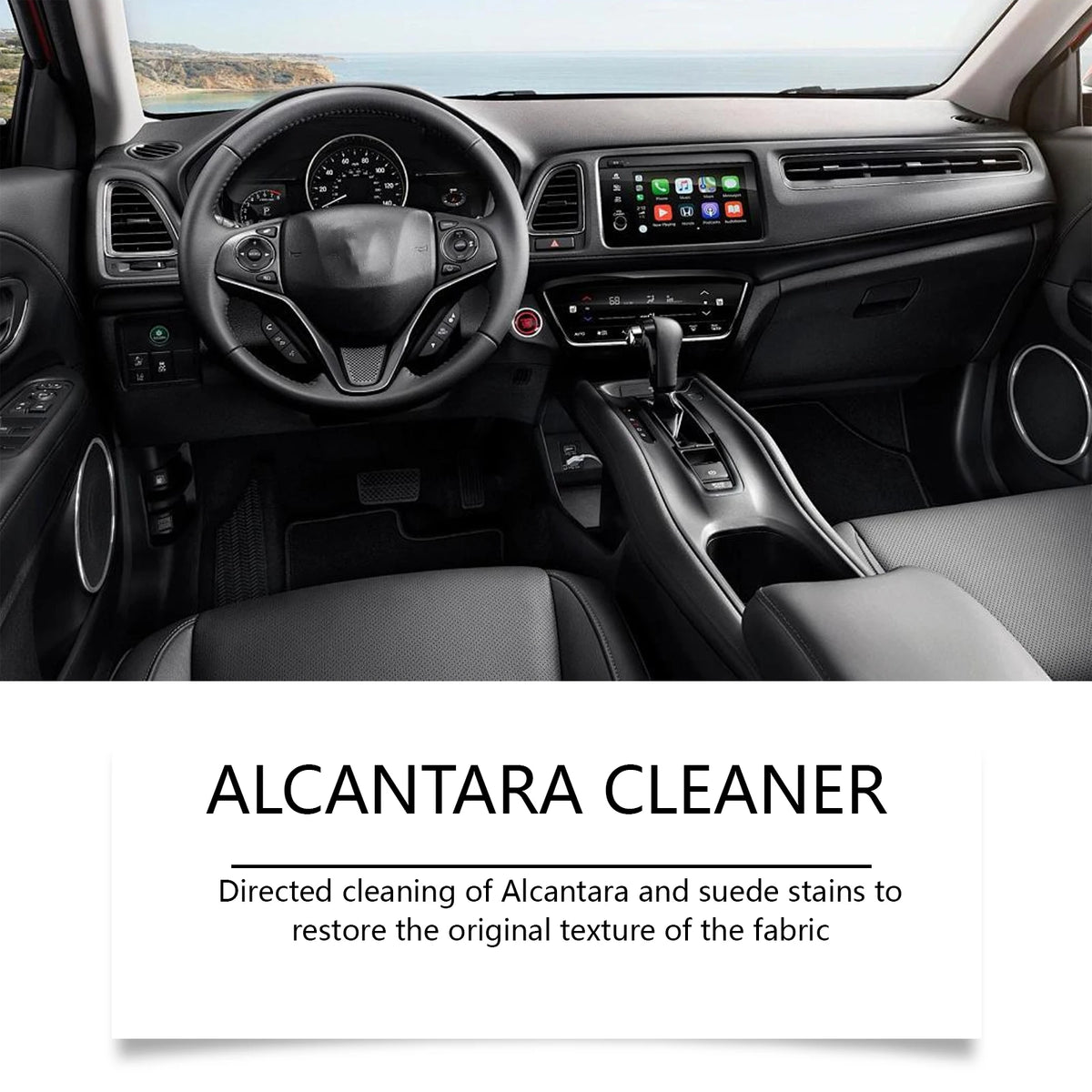 Interior view of a car showing the Alcantara cleaner product packaging and dashboard.