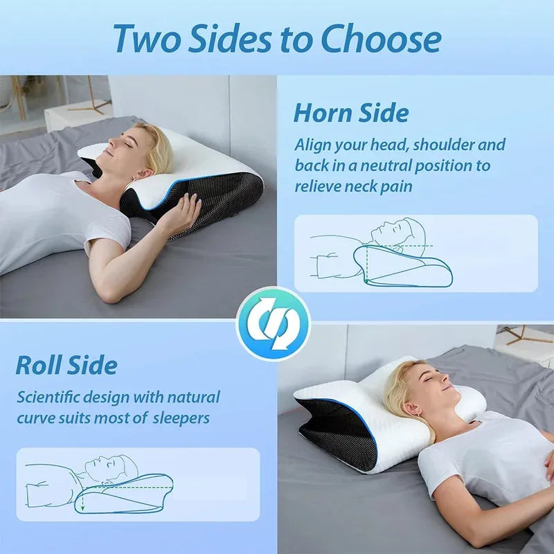Two sides to choose for a memory foam neck pillow showing alignment options for relieving neck pain.