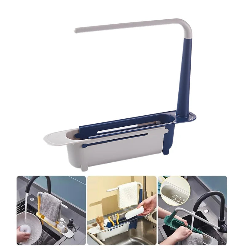 A blue and white adjustable sink sponge holder with a drainer basket shown in use.