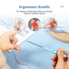 Hands are using an ergonomic crochet hook with a blue bee design for crafting.