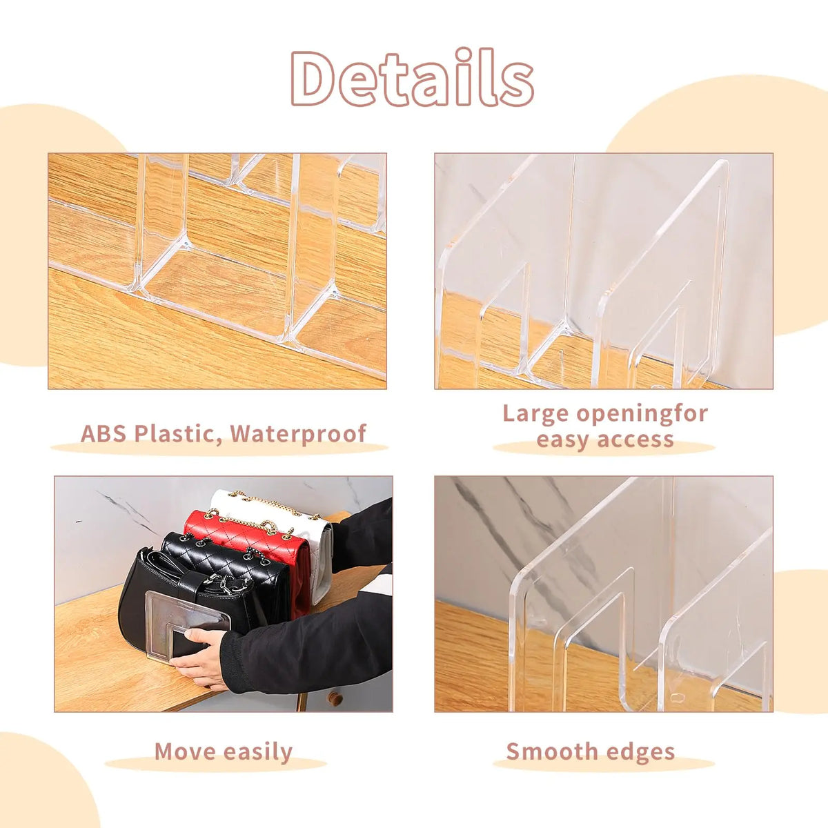 Clear 4-Section Purse Organizer for Closet, Shelf, or Display