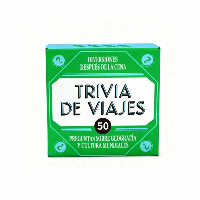 A green box for a trivia game titled Trivia de Viajes with 50 questions about world geography and culture.
