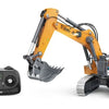 A yellow Yi Gong 97Q remote control excavator model with a black controller and treads.