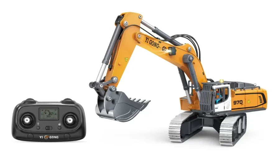 A yellow Yi Gong 97Q remote control excavator model with a black controller and treads.