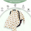 A beige breathable stroller cover designed for 360 degree protection against wind, dust, strangers, sunlight, and mosquitoes.