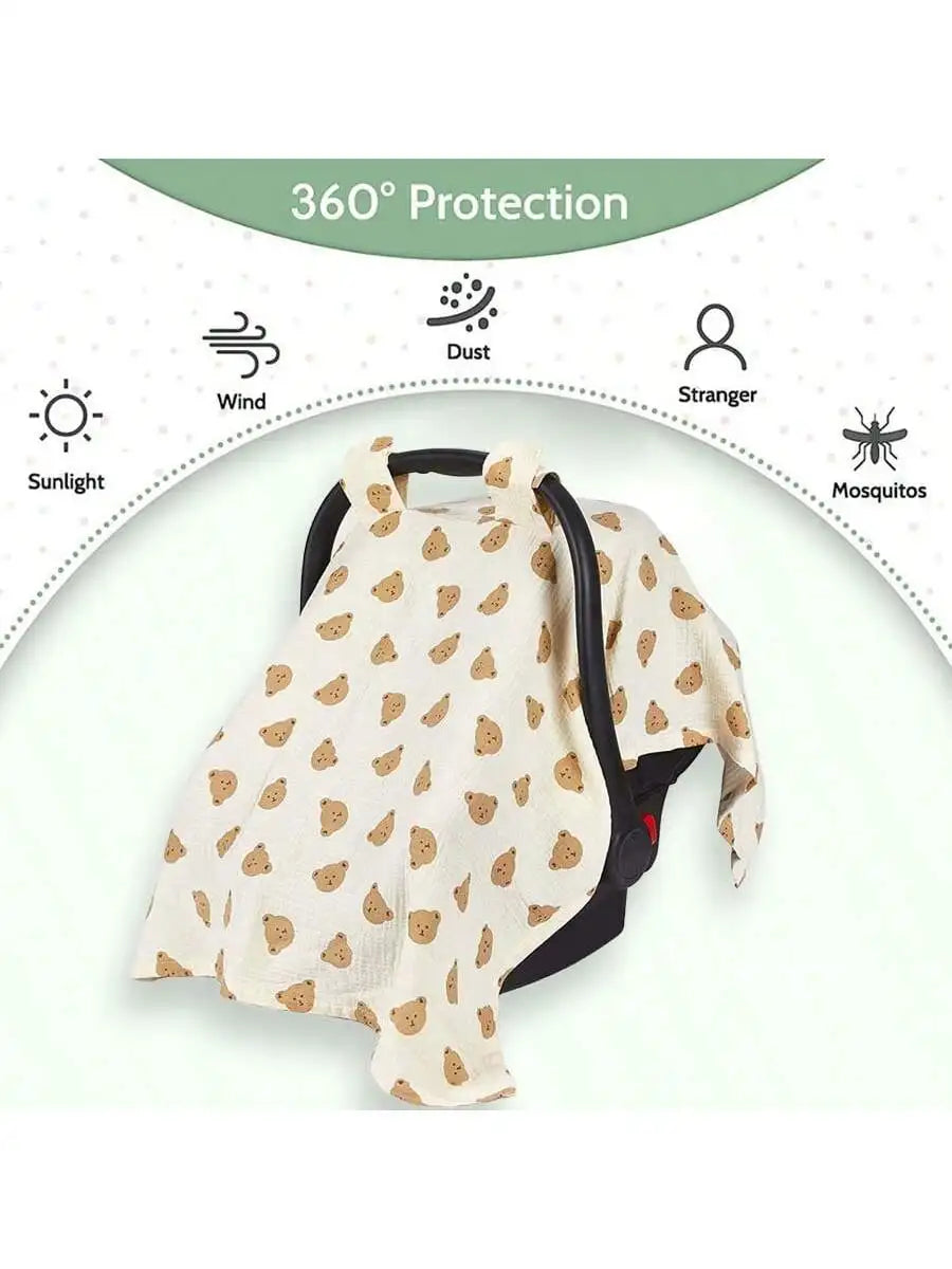 A beige breathable stroller cover designed for 360 degree protection against wind, dust, strangers, sunlight, and mosquitoes.