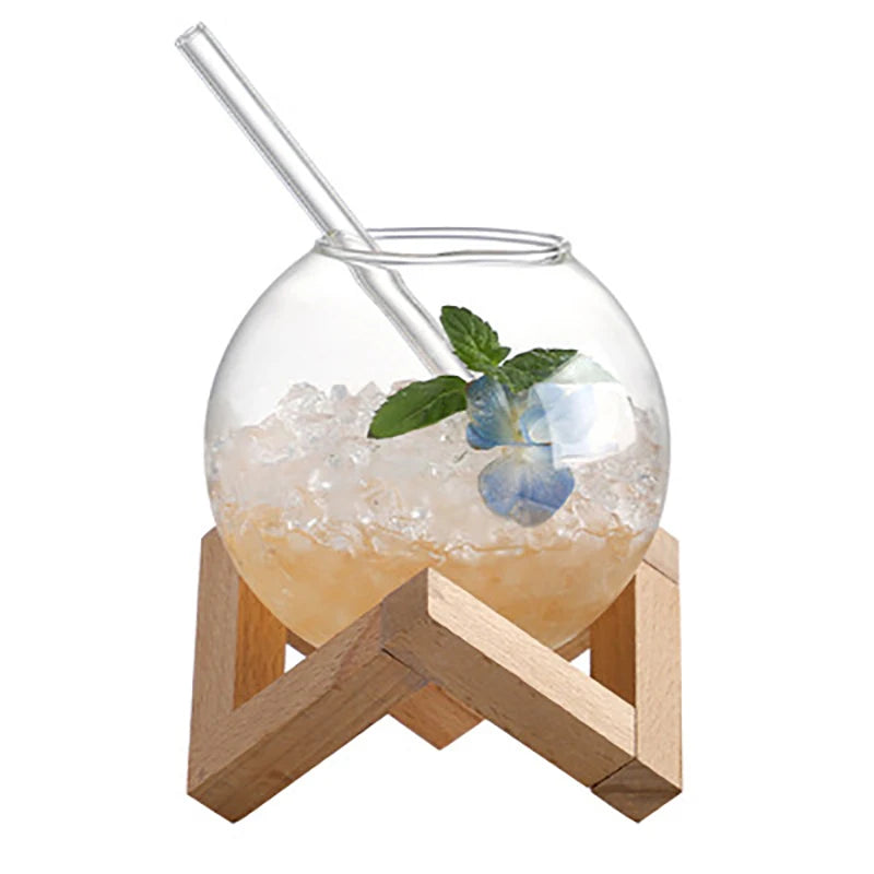 Verre à Cocktail Sphérique en Verre avec Base en Bois