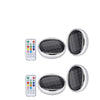 A set of solar floating pool lights with remote controls and various color modes.