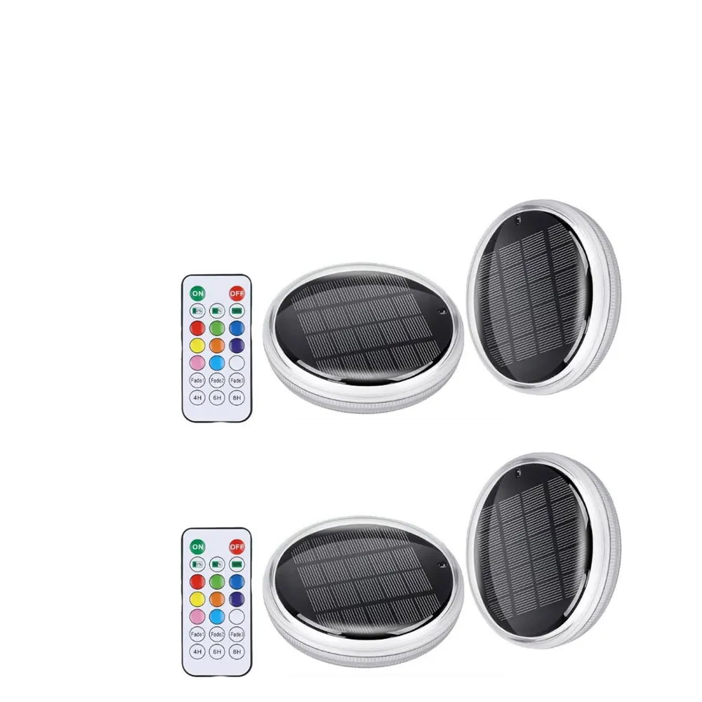 A set of solar floating pool lights with remote controls and various color modes.