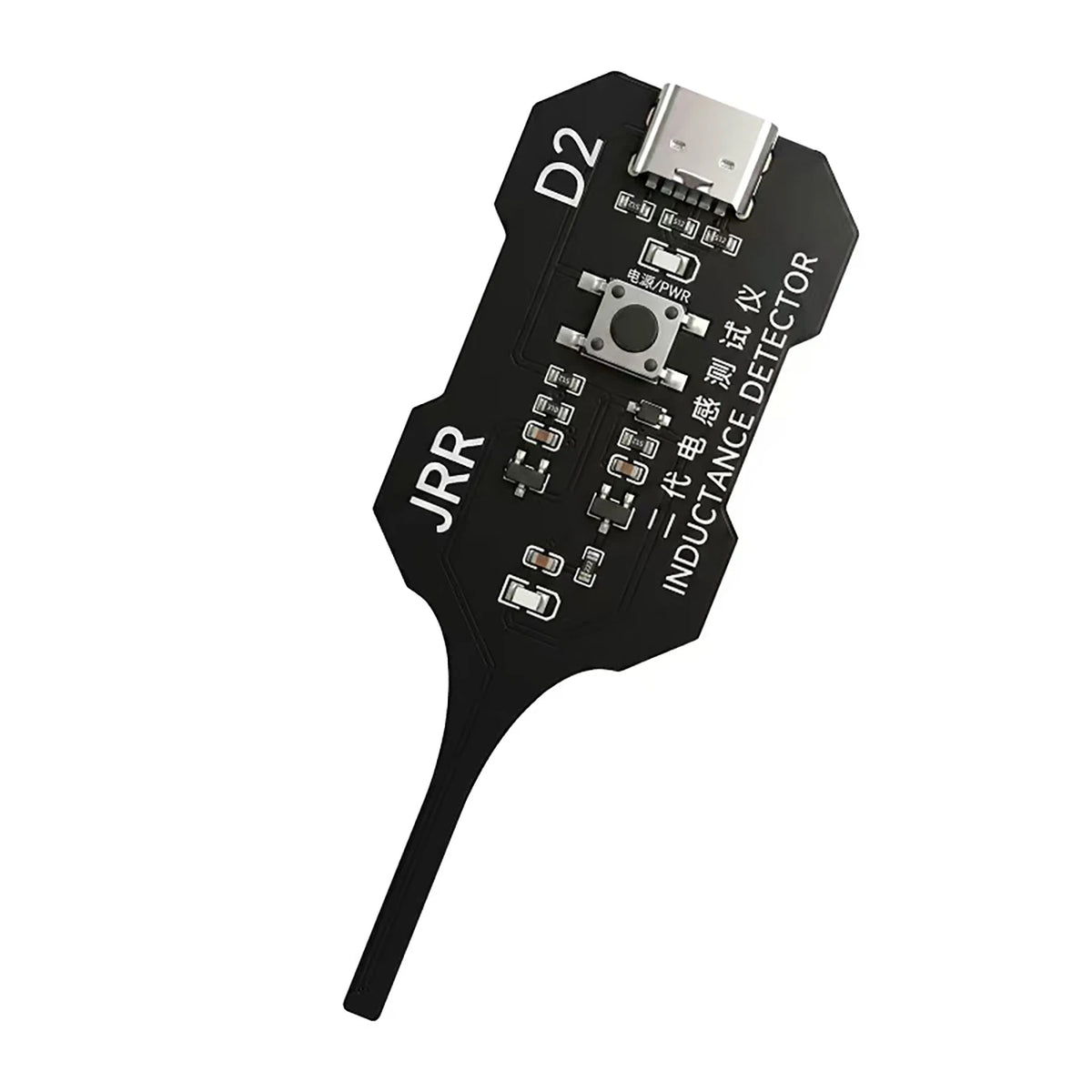 A black JRR type-C portable inductance tester device with a protruding tip.