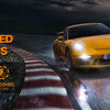 A yellow car is shown driving on a road with bright LED headlights, highlighting Fahren 9007/HB5 LED light bulbs.
