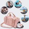A pink nylon duffel bag with a shoe compartment is shown alongside images of various fitness and travel activities.