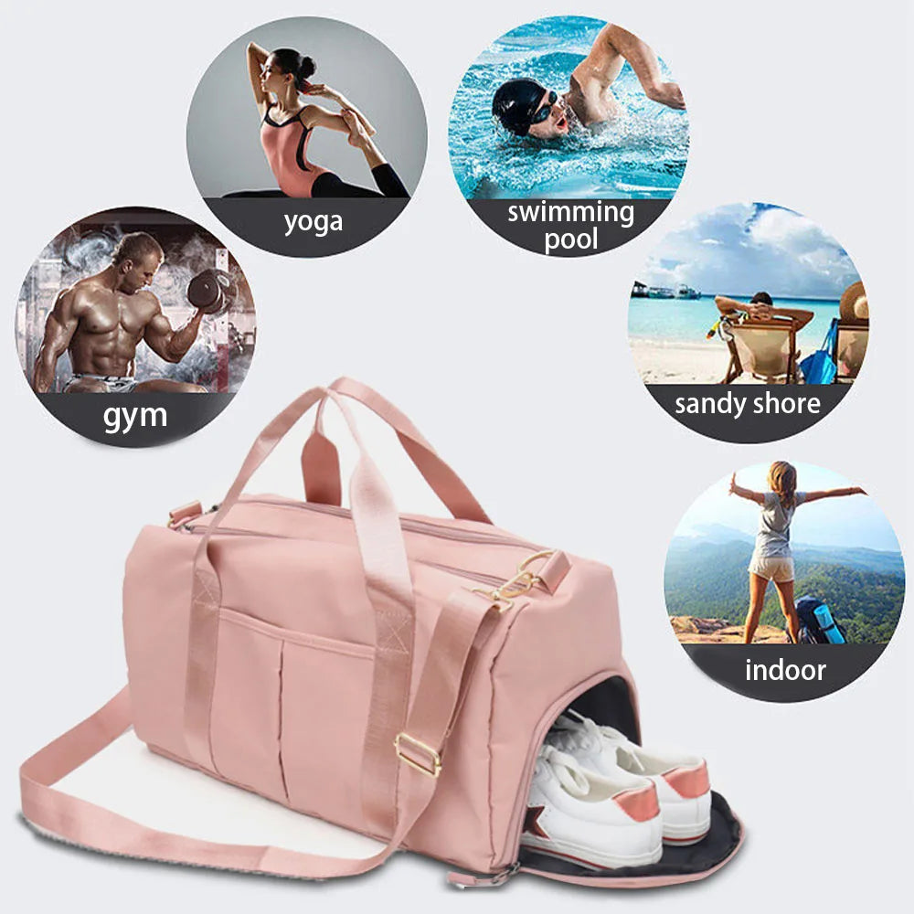 A pink nylon duffel bag with a shoe compartment is shown alongside images of various fitness and travel activities.