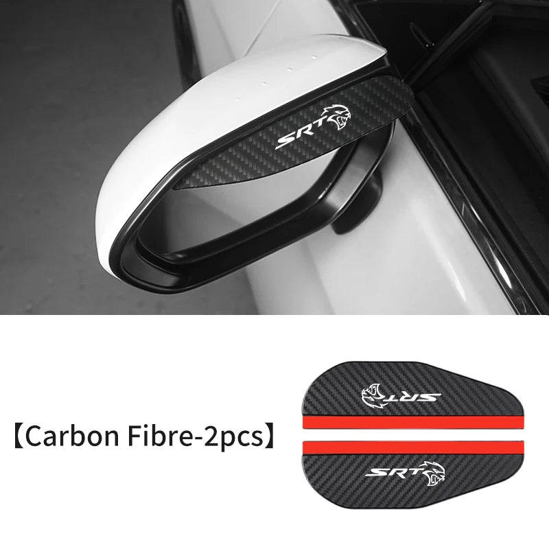 A white car side mirror rain guard with an SRT logo is shown installed on a vehicle.