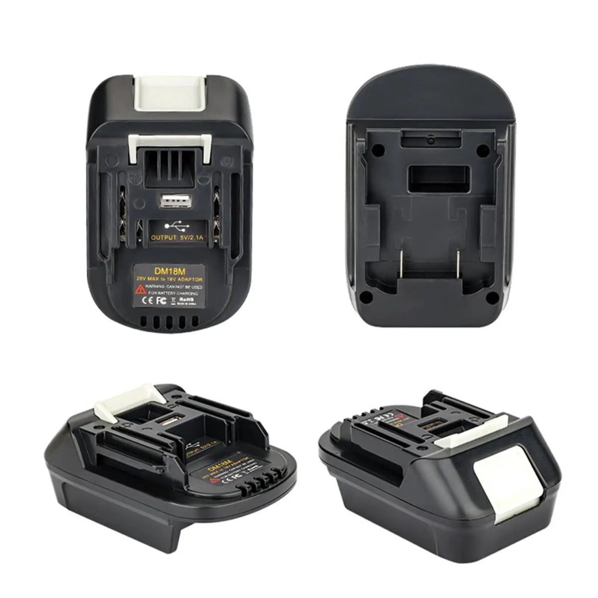 Black battery adapter for Makita 18V tools, shown in multiple views.