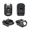 Black battery adapter for Makita 18V tools, shown in multiple views.