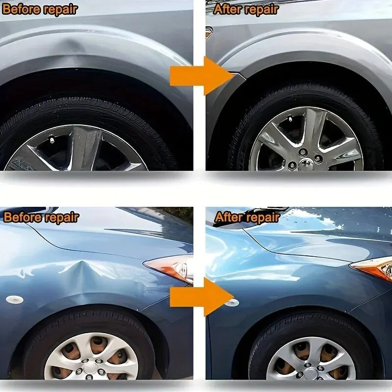 Before and after images showing paintless dent repair on a car's fender and wheel area.