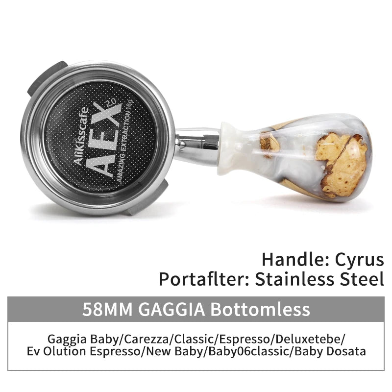 A stainless steel bottomless espresso portafilter for Gaggia, Breville, and other machines.