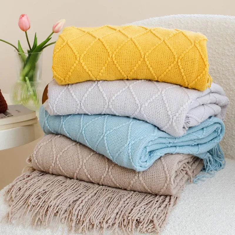 Khaki Knitted Throw Blanket with Tassels
