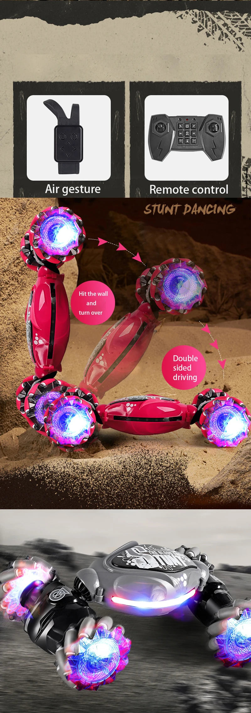 A pink RC stunt car performing aerial maneuvers and driving on sand, demonstrating air gesture and remote control features.