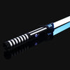 A black lightsaber with a silver hilt and a bright blue blade is shown against a dark background.