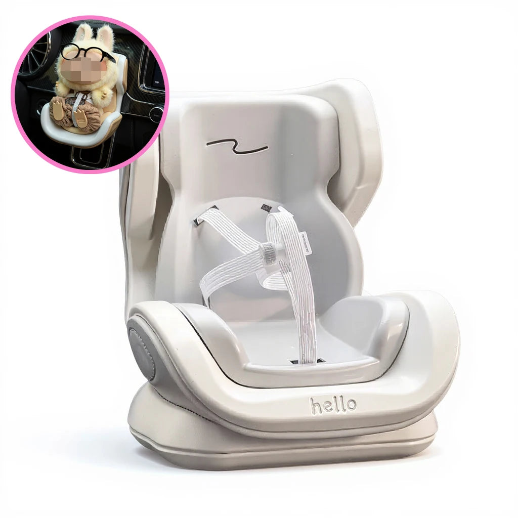 A light beige car seat accessory featuring a Labubu-inspired design with a storage clip.