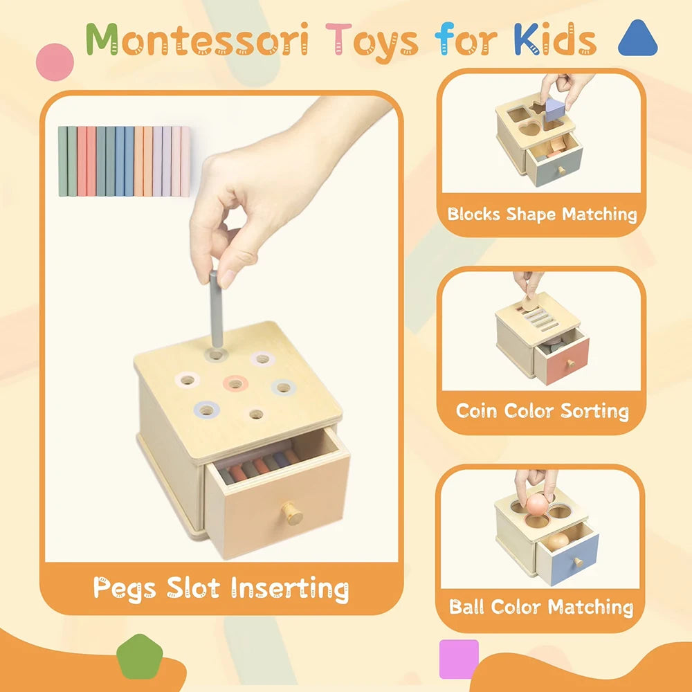 Montessori 4-in-1 Wooden Color Sorting & Shape Matching Box for Toddlers