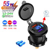 A black USB car charger with an LED display and switch, showing specifications for a 55W fast charge.