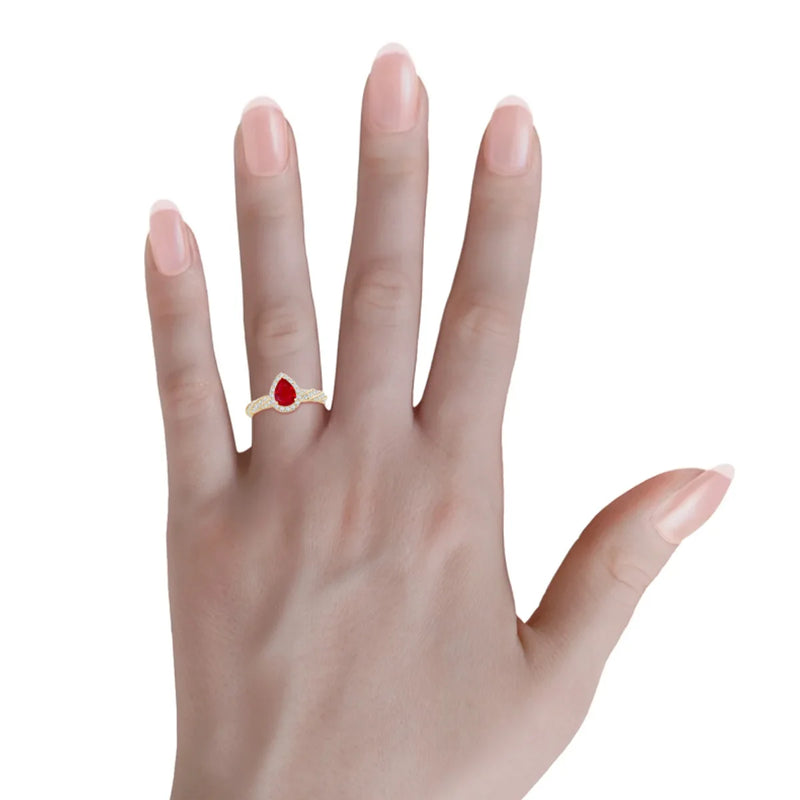 Pear-Cut Lab-Grown Ruby Halo Ring in Yellow Gold